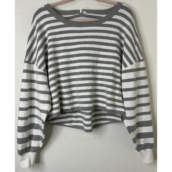 XL Anthropologie Daily Practice Grey White Striped Cropped Pullover Sweater Cozy - Picture 2 of 7